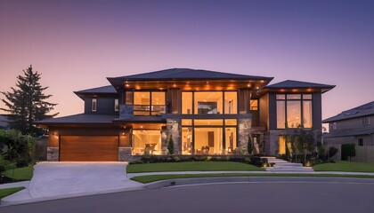New Contemporary Style Luxury Home Exterior at Twilight