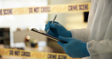 Hand, house and crime scene with writing for evidence or notes in robbery for evidence, safety and...