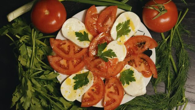 Italian traditional antipasto caprese salad. Close up.