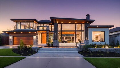 New Contemporary Style Luxury Home Exterior at Twilight