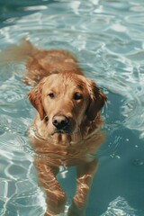 A playful dog swimming in a pool with a frisbee in its mouth. Suitable for pet and summer-themed designs