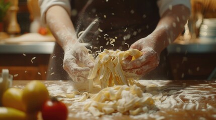 A person cooking pasta in an apron. Suitable for food blogs or recipe websites - obrazy, fototapety, plakaty