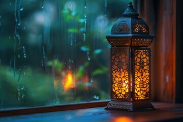 A lantern placed on a window sill, suitable for home decor