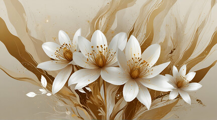 Obraz na płótnie Canvas Abstract water flower arrangement in gold and white .Generative AI