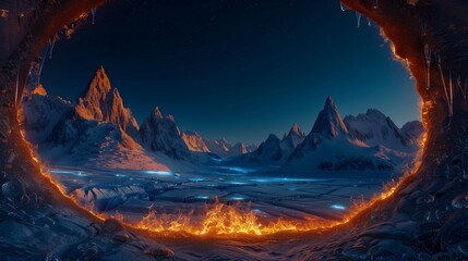 A breathtaking, ultra-realistic image of a fire frame surrounding the majestic peaks of snow-capped mountains under the clear night sky.