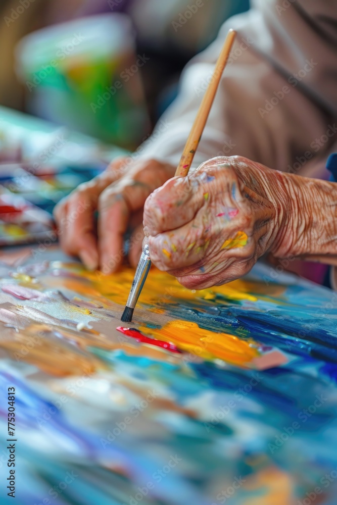 Poster a person painting with a brush on a table. suitable for artistic projects