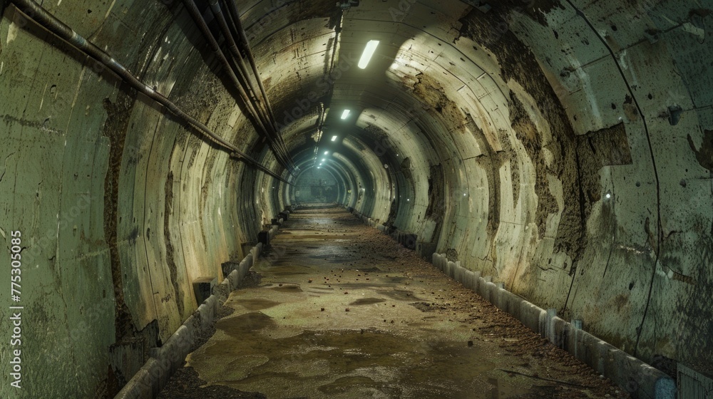 Poster a mysterious and ominous tunnel with a faint light at the end. ideal for illustrating hope, journey,