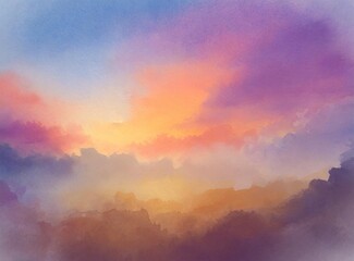 Watercolor Sky Painting. Purple and Orange Palette.