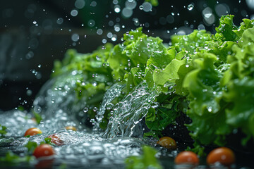 A crisp green lettuce leaf is rinsed under running water, preparing it for a refreshing salad....