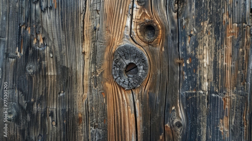 Poster A close-up view of a wooden door with a hole. Suitable for various design projects