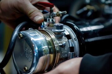 Close up of a person working on a machine. Suitable for industrial concepts