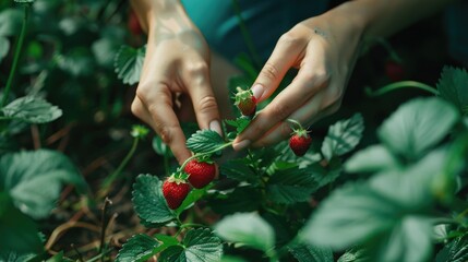 Close-up of a person picking a strawberry. Suitable for food and agriculture concepts