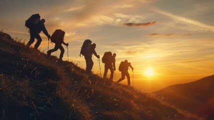 A group of people hiking up a hill at sunset. Suitable for outdoor and adventure concepts - obrazy, fototapety, plakaty