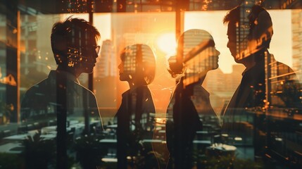 A captivating depiction of business people in silhouette, working together seamlessly in an office setting, highlighting the themes of teamwork and partnership.