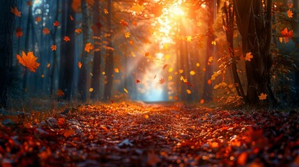 Tranquil autumn forest path with vibrant colors, soft sunlight, and lifelike textures