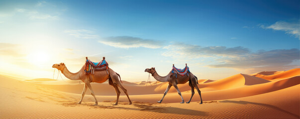 Cammels in dessert. Camel animals walking through a hot desert full of sand - obrazy, fototapety, plakaty