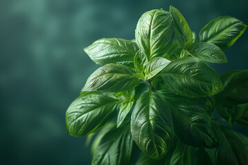 A bunch of aromatic basil leaves is plucked from the stem, ready to be transformed into fragrant pesto sauce. Concept of fresh herbs and homemade condiments. Generative Ai. - obrazy, fototapety, plakaty