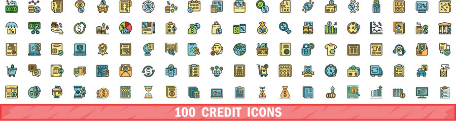100 credit icons set. Color line set of credit vector icons thin line color flat on white