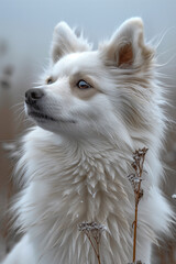 Obraz premium White fluffy dog gazing into the distance with a focused expression.