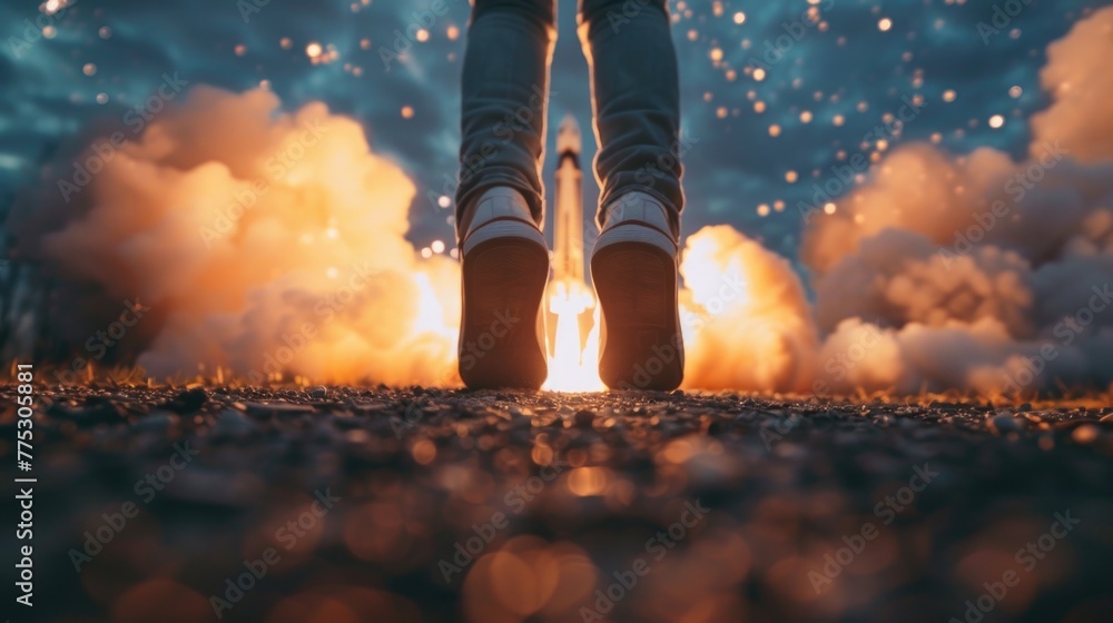 Poster A person standing in front of a rocket, suitable for science and technology concepts