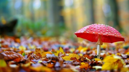 red umbrella shaped mushroom in the autumn forest. 