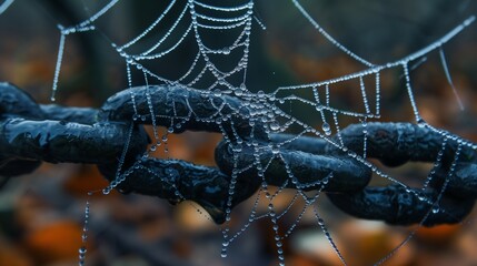 big link chain covered in spider webs outside with autumn leaves in the background. 