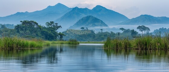   Surrounded by lush green grass and towering mountains, this stunning scene features a serene body of water with reeds in the foreground