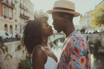 A man in a hat kisses a woman on the forehead