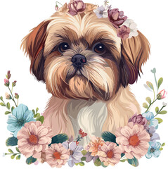 Shih Tzu Dog Vintage Flowers Artistic blooming Vector Illustration