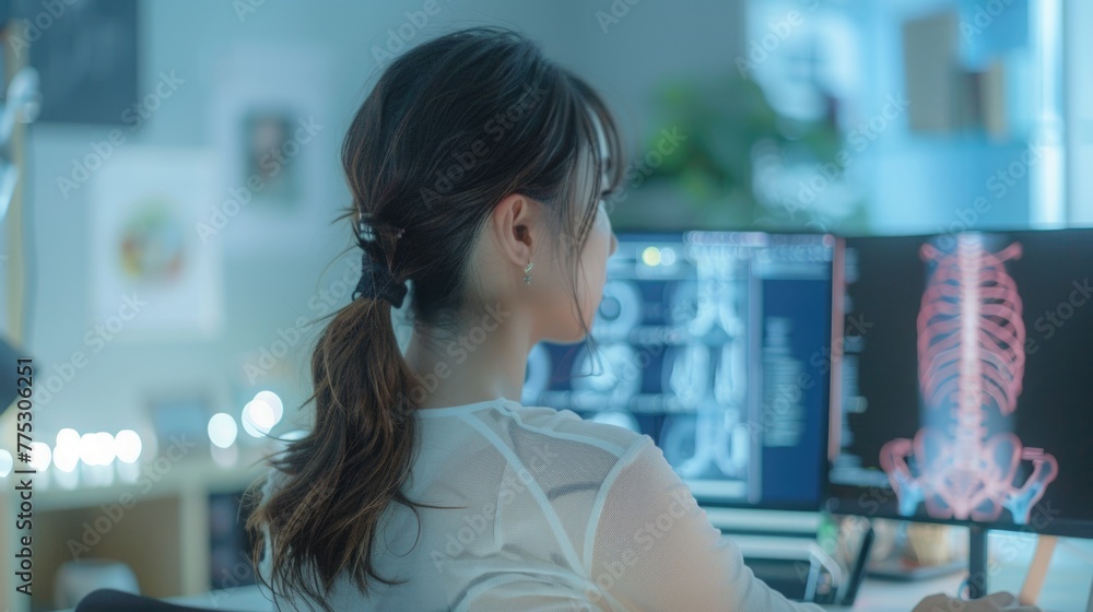 Poster a woman sitting at a desk in front of a computer. suitable for business or technology concepts