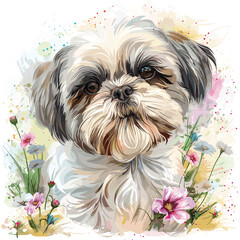 Shih Tzu Dog Vintage Flowers Artistic blooming Vector Illustration