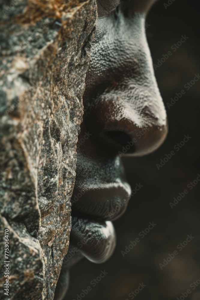 Poster detailed close-up of a person's face on a statue. suitable for various design projects