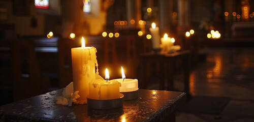 An HD image of a candlelight vigil on Good Friday shows people gathering to reflect on Jesus' suffering and seek spiritual rebirth while flickering candles light a dimly illuminated church.