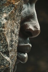 Detailed close-up of a person's face on a statue. Suitable for various design projects