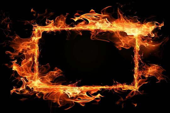 A dramatic picture frame, composed of flickering flames in shades of orange and yellow, frames an empty center on a pitch-black backdrop