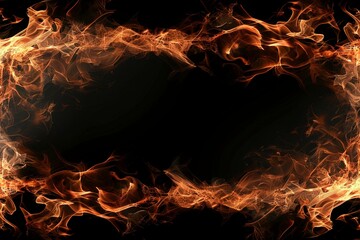A dramatic picture frame, composed of flickering flames in shades of orange and yellow, frames an empty center on a pitch-black backdrop - obrazy, fototapety, plakaty