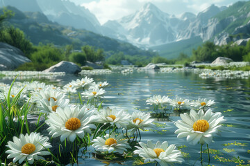 A cluster of delicate daisies blooms along the edge of a tranquil pond, adding a touch of whimsy to...