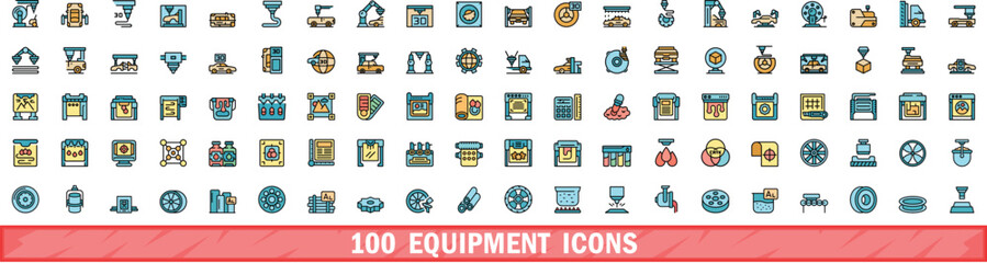 100 equipment icons set. Color line set of equipment vector icons thin line color flat on white