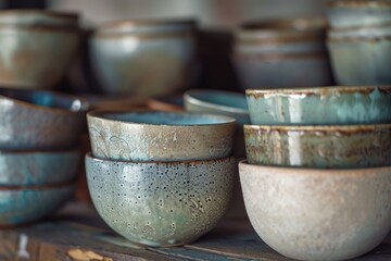 A group of bowls displayed on a wooden shelf. Perfect for kitchen or home decor themes