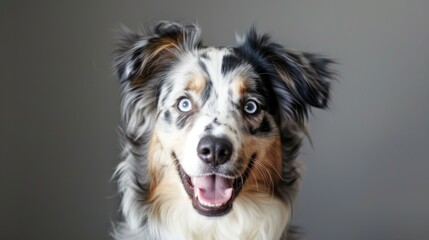 Australian Shepherd dog portrait with blue eyes and merle coat showing a happy expression