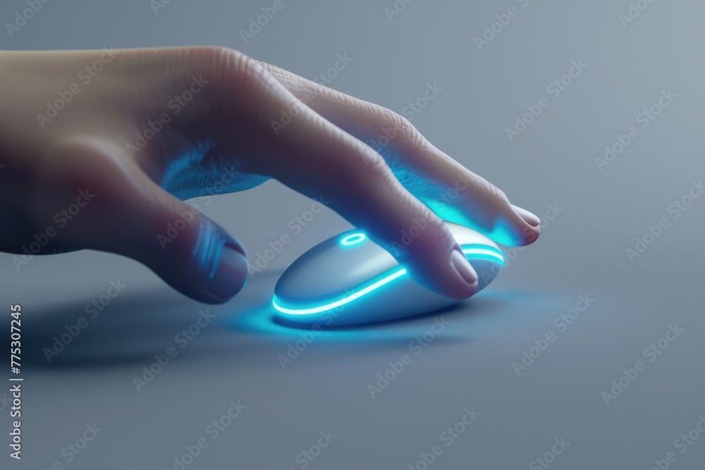 Poster close up of a person using a computer mouse. suitable for technology concepts