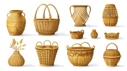 A variety of wicker baskets and vases for home decor