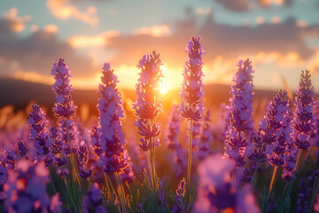A cluster of fragrant lavender blooms in a sun-kissed meadow, their soothing scent perfuming the air with tranquility. Concept of aromatic serenity and herbal healing. Generative Ai.