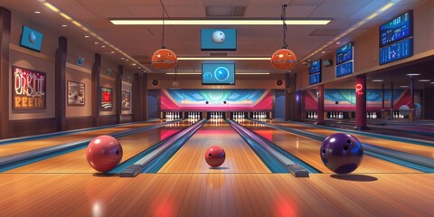 A bowling alley with scattered bowling balls. Suitable for sports and leisure concepts