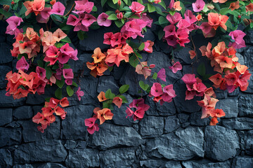 A tangle of vibrant bougainvillea cascades down a weathered stone wall, their brilliant blooms adding a splash of tropical color to the scene. Concept of exotic allure and lush. Generative Ai.