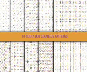 Polka dots seamless pattern. Set of backgrounds with small colored dots on a white background. Simple playful design for fabric, textile, paper, cover