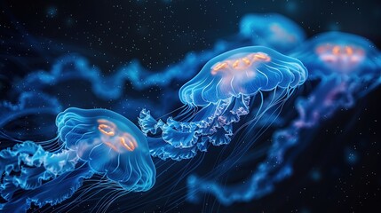 Group glowing sea jellyfishes on dark background. - obrazy, fototapety, plakaty