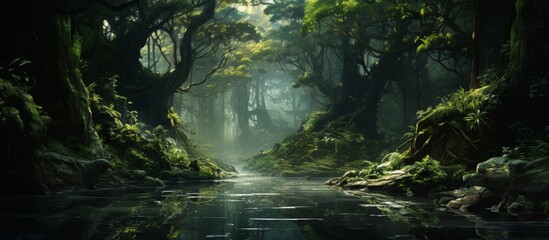 A peaceful river winding its way through a dense forest, surrounded by tall trees and large rocks