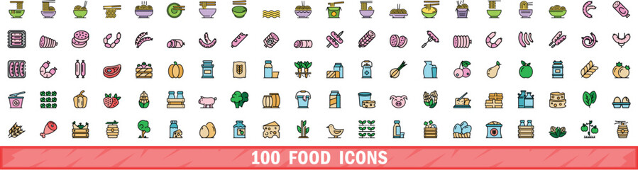 100 food icons set. Color line set of food vector icons thin line color flat on white