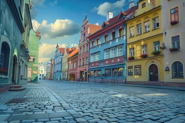 A picturesque cobblestone street in a European city. Suitable for travel and historical concepts